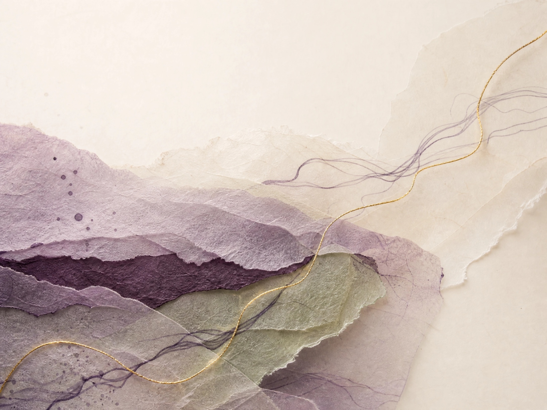 Abstract layered-paper artwork in soft plum, sage, cream, and gold tones.