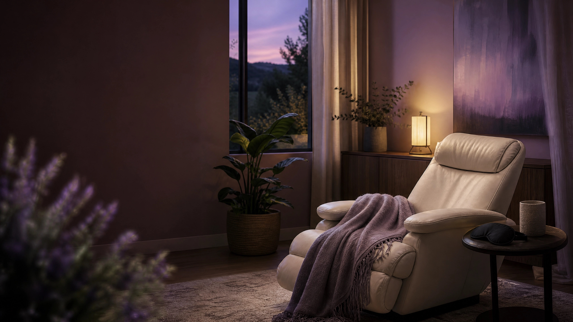 Calm, warmly lit therapy room prepared for a restorative session.