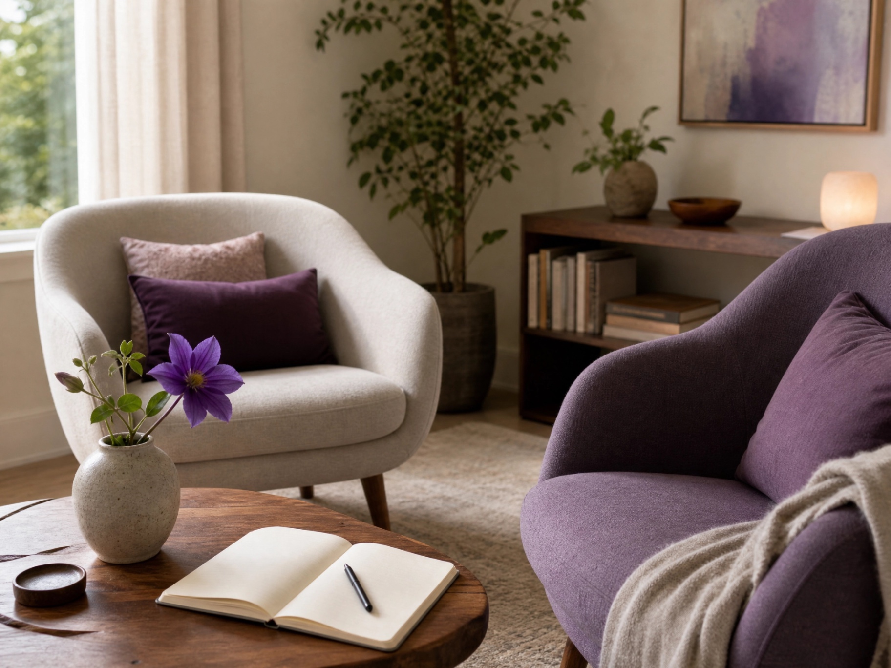 Warm, private therapy office with seating, a journal, and soft purple accents.